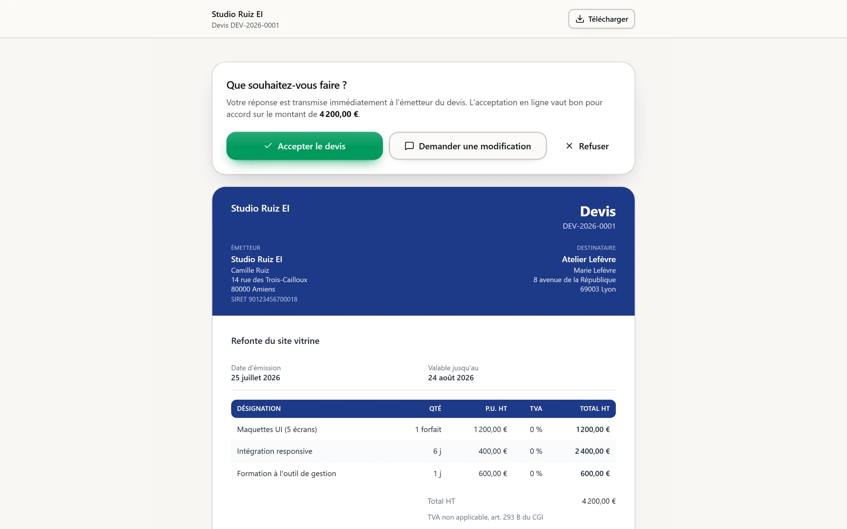 La page qu'ouvre votre client : accepter, demander une modification ou refuser